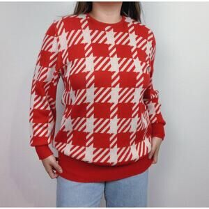 Vintage 80s Rodier Red Houndstooth Wool Blend Knit Crewneck Sweater